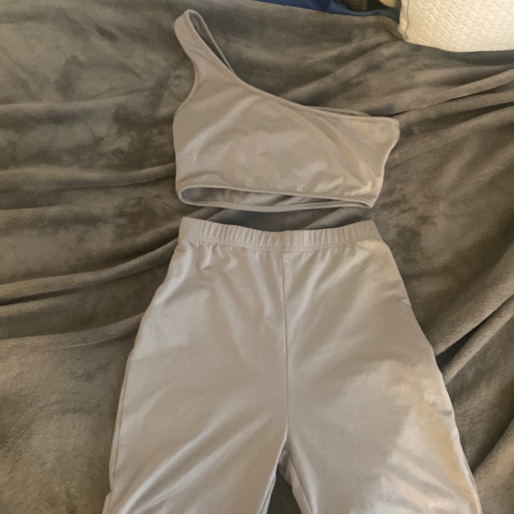 Silver 2 piece, stretchy fabric, size small/medium